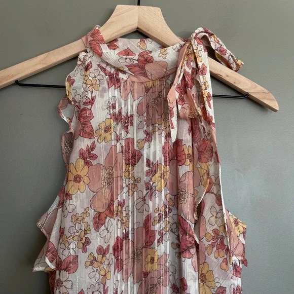 VERONICA BEARD Dali Top Floral Silk Sz 6 Pink Metallic Tie Neck Sleeveless Bouse - Picture 4 of 14